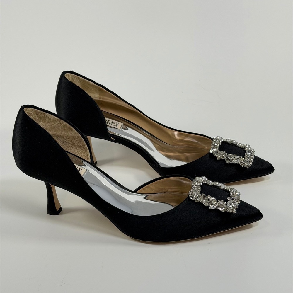 Badgley Mischka Size-9 Fabia II Black Satin Crystal Buckle D'Orsay Kitten Heels